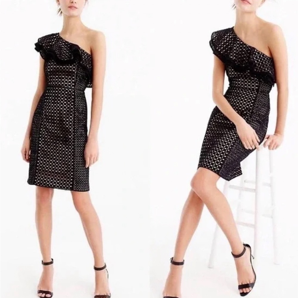 J.Crew Black Eyelet One Shoulder Ruffle Cocktail Dress